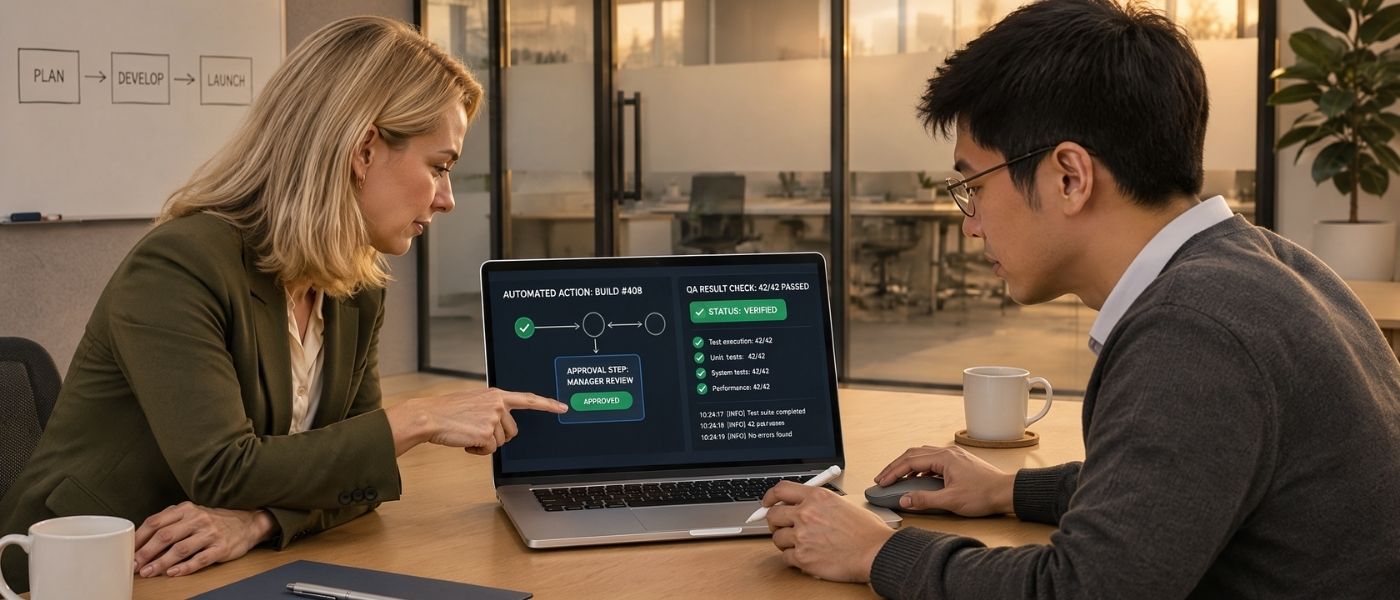 Business analyst reviewing AI agent workflow